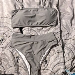 Two piece swimsuit set, size: large, gray with white inside straps are removable